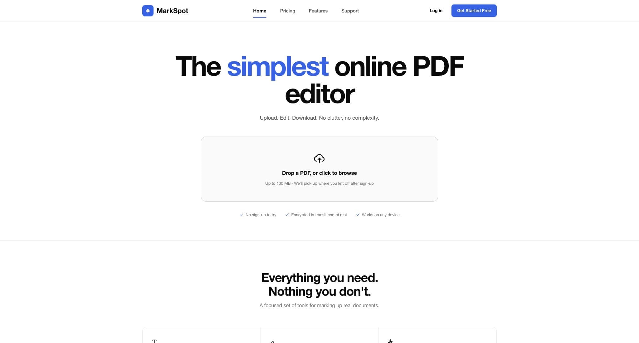 MarkSpot PDF editor — toolbar, document canvas, and properties panel